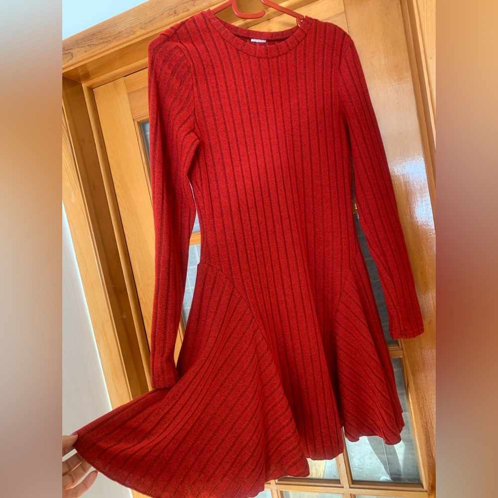 Red Ribbed Long Sleeve Fit and Flare Dress